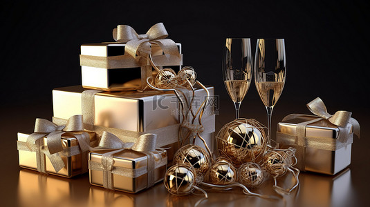 3D 渲染的新年礼物和香槟杯以时尚的方式庆祝