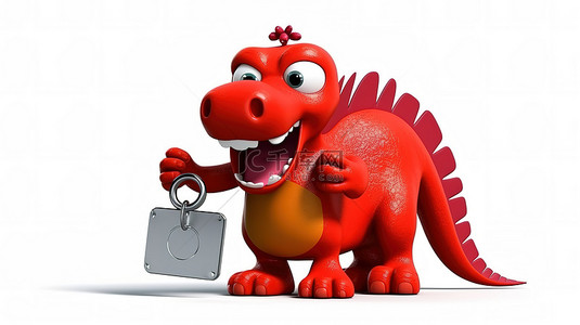 我和祖国合影框背景图片_欢快的 3D 红色恐龙吉祥物与标志和超大挂锁合影
