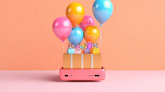 物流手机购物背景图片_3D 渲染浮动在线购物礼品盒和带有智能手机气球的袋子