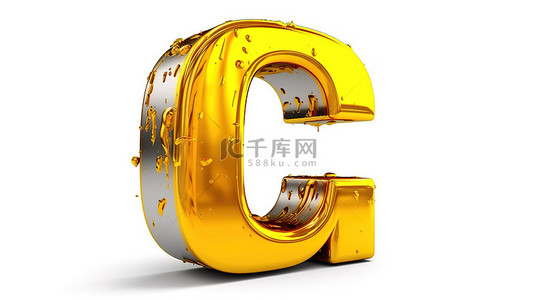 3d 渲染大写字母 c，在光滑的金属纹理上涂有复古黄色油漆