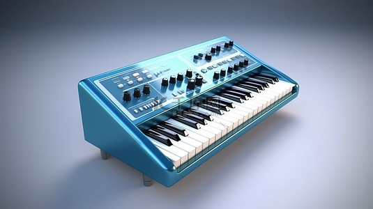 蓝色合成器 MIDI 键盘的 3D 渲染