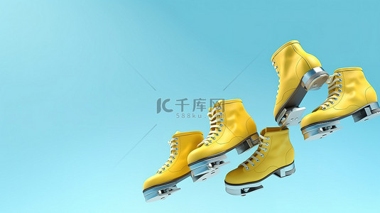 黄色溜冰鞋在柔和的蓝色背景上飞行 3D 渲染