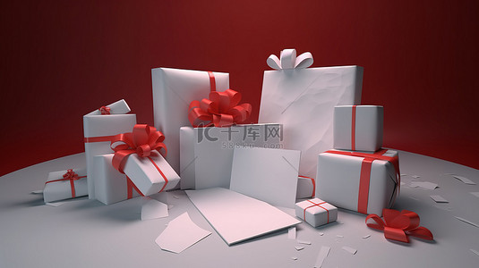 3d 渲染的圣诞礼物和空白优惠券