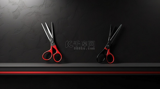 3D 渲染黑墙，配有红色理发剪刀和其他理发店配件
