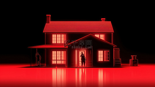房子中介背景图片_房地产横幅背景的 3D 插图，带有剪影房屋和醒目的红色边框