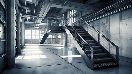 时尚的工业室内 3D 走廊楼梯和宽敞干净的设计