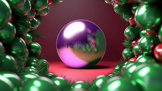 淡紫色背景装饰着圆形绿色花环，在令人惊叹的抽象 3D 插图中容纳闪亮的红色圣诞球