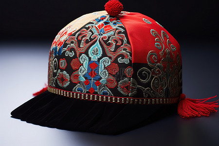 红色和黑色图案刺绣亚洲串珠帽子，带 pom pom