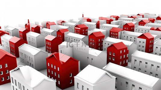 白色背景展示 3d 呈现的红色和白色建筑物代表领导概念