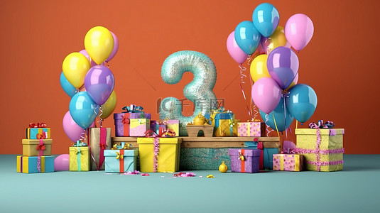 丰富多彩的 3 岁生日庆祝活动，配有气球和 3d 礼物