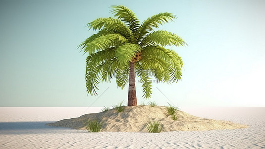 异国情调的热带场景郁郁葱葱的棕榈树沙滩和青翠的草地的 3D 渲染，适合田园诗般的夏季度假