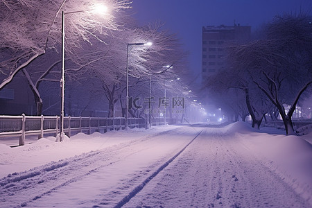 夜晚路上背景图片_夜晚被雪覆盖的道路上的雪景