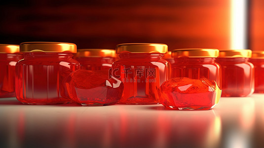 装满果酱和蜜饯的红色玻璃罐的 3D 插图