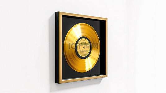 闪闪发光的金音乐奖乙烯基或 CD 奖，在白框 3D 渲染中带有黑色标签