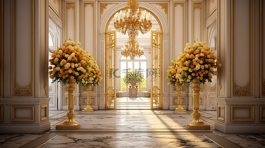 豪华酒店的宏伟入口，奢华的花束和 3D 渲染的金色枝形吊灯