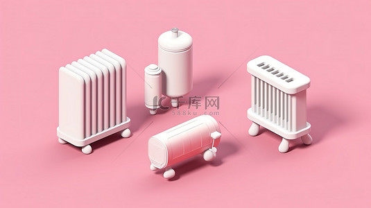 等距风格老式散热器的 3D 图标，配有白色和粉色家居用品