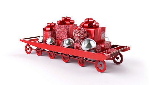 白色背景的独立 3D 插图，配有红色圣诞雪橇和礼品盒