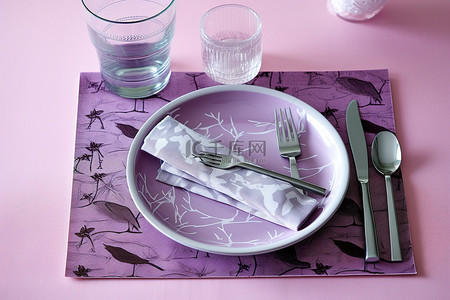 小叉子背景图片_紫色的餐垫上放着一个紫色的小盘子和器皿