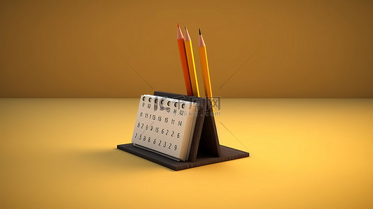 台历台历背景图片_带有悬浮铅笔的最小台历的 3D 渲染插图