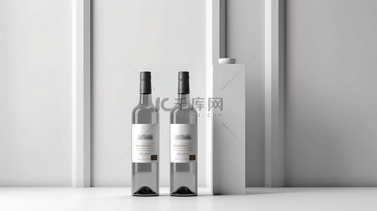 空白酒瓶设置在浅色背景上，展示酿酒艺术和精致3d 插图