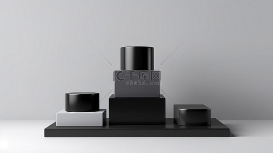 品牌展示背景图片_品牌推广讲台的真实 3D 渲染，配有灰色和黑色基座展示和盒式支架概念