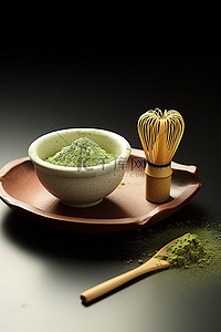 燕麦背景图片_这个抹茶碗由绿色燕麦酱和木勺组成
