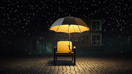夜间户外放松照明桌子，配有椅子和雨伞，3D 概念插图