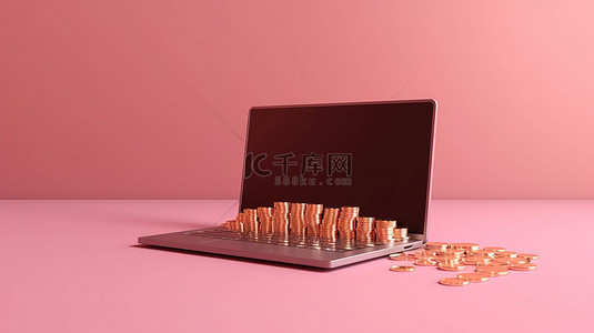 粉红色表面上有空显示屏的数字设备，带有硬币包装 3D 渲染图像