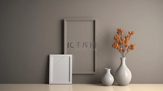 简约相框背景图片_时尚的灰色墙壁，带有 3D 创建的简约相框