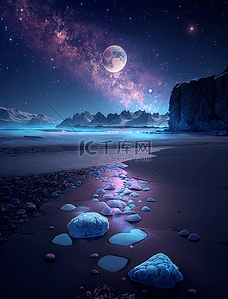 海边油画背景图片_梦幻浪漫星空夜景海边沙滩油画装饰画背景