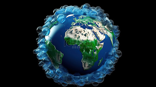 全球塑料污染地球的 3D 渲染被空塑料瓶和回收符号包围
