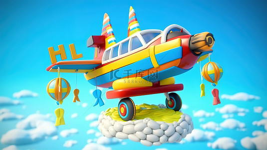 卡通飞机玩具背景图片_3d 渲染生日快乐卡通飞机与节日横幅