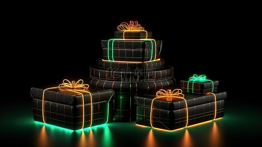 卡通礼品盒背景图片_点亮的圣诞树礼品盒，带有欢快的表情符号和黑色背景 3d 渲染的空白空间