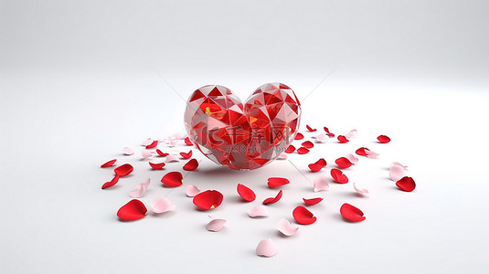 白色背景上的红心钻石和玫瑰花瓣的 3D 渲染，非常适合情人节
