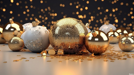 黑金圣诞节背景图片_3D 插图中呈现的闪闪发光的金色圣诞装饰