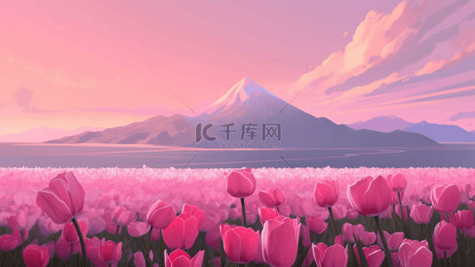 粉红色花朵卡通背景图片_郁金香粉色花海