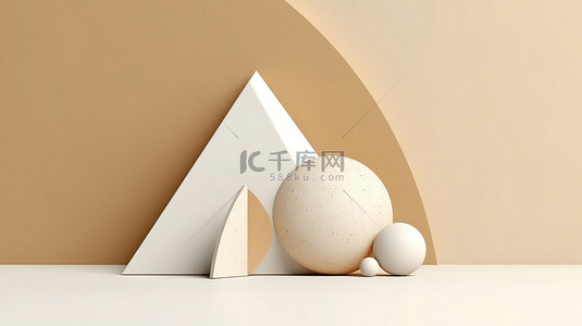 半圆版块背景图片_奶油色最小场景中的抽象几何形状，带有白色大理石锥体和金色半圆 3D 渲染墙角