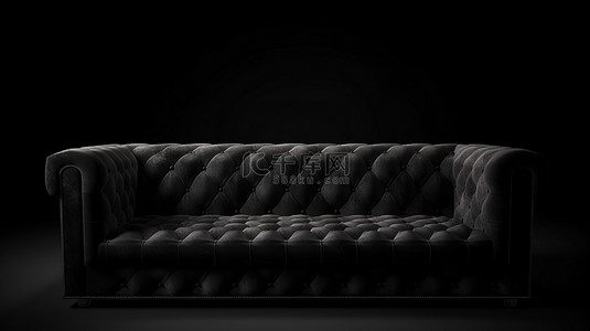 时尚黑色皮革沙发的令人惊叹的 3D 建模与深色背景形成鲜明对比