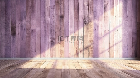 薰衣草在复古木板墙上的阳光照射 3D 渲染