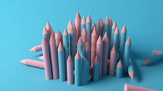 回到学校，蓝色背景 3d 渲染上粉色铅笔的最小概念