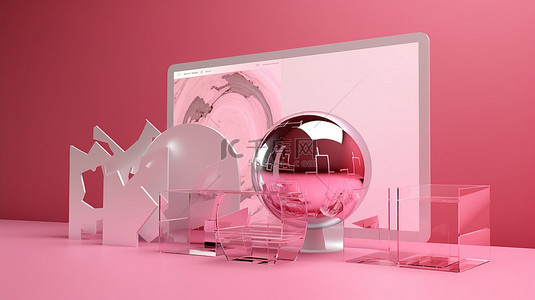 粉红色背景展示了 3d 呈现的 web 浏览器界面