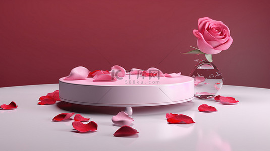 情人节讲台 3D 渲染，用于浪漫玫瑰的产品植入
