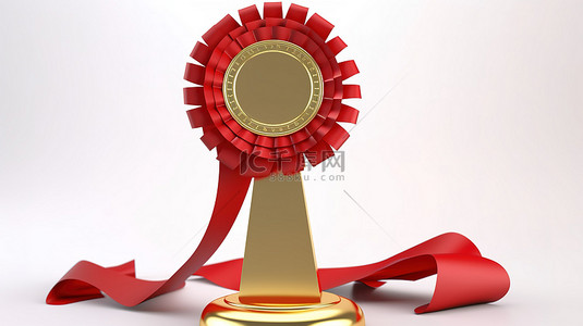金牌免单背景图片_白色背景的 3D 渲染，配有金奖奖杯红色奖丝带花环和获奖者标志