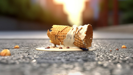 冰激凌插画背景图片_地上掉落的香草冰淇淋锥体的 3D 插图