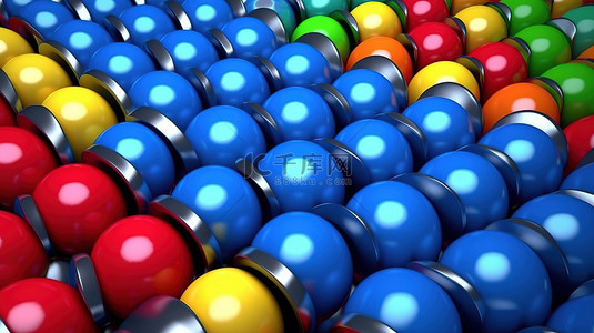 电池能源科技背景背景图片_蓝色背景 3D 渲染上的彩色球围绕着电池