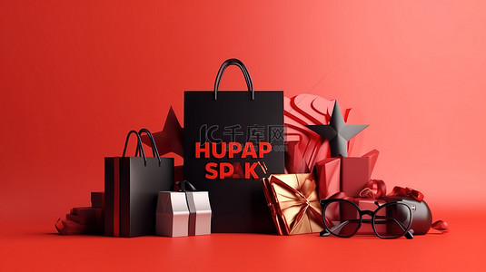 黑色星期五超级销售和圣诞新年促销的智能手机和购物袋的 3D 渲染
