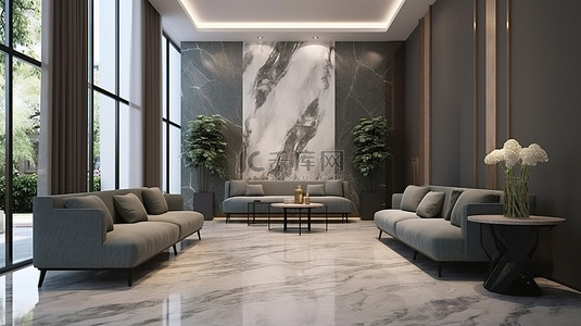 高端酒店或公寓主厅 3D 渲染中优雅的等候区，配有别致的大理石装饰