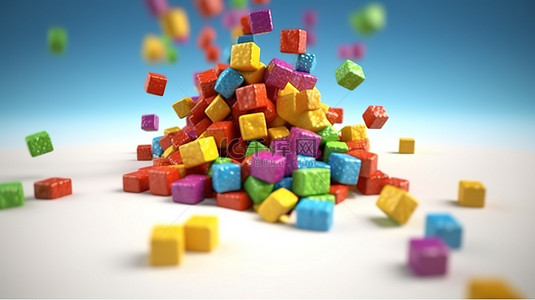 3D 插图彩色方形糖果漂浮在空中，带有彩虹涂层