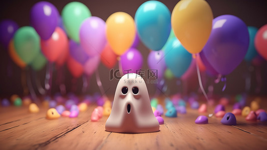3D 渲染派对场景中可爱的幽灵和充满活力的气球