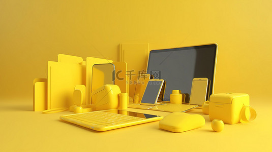 黄色 3D 渲染概念，用于使用移动笔记本电脑和计算机在线购物的响应式设计